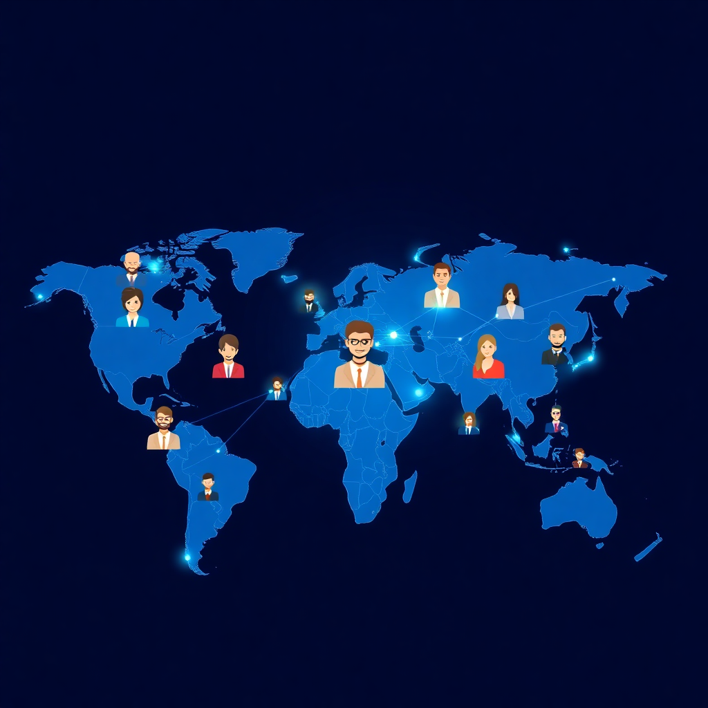 world map with diverse professionals